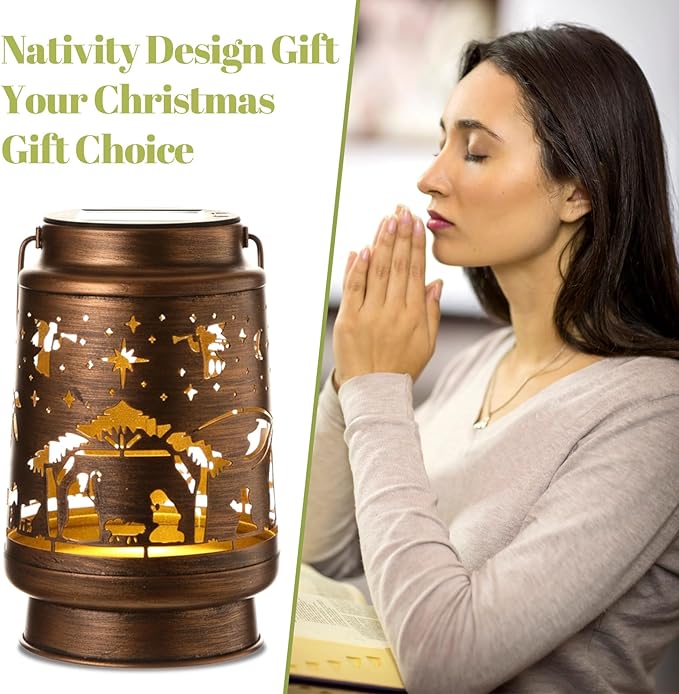 Christmas Solar Lanterns Outdoor Nativity Scene Waterproof Hanging Solar Lights Christmas Outdoor Decorations Gifts Men Women Metal Decorative LED Lantern for Yard Patio Lawn Pathway