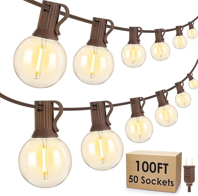 Mlambert 100Ft LED Outdoor String Lights Dimmable G40 Globe Patio Lights with 50+3 Waterproof Shatterproof Bulbs for Backyard Porch-Brown Cord 1 Pack