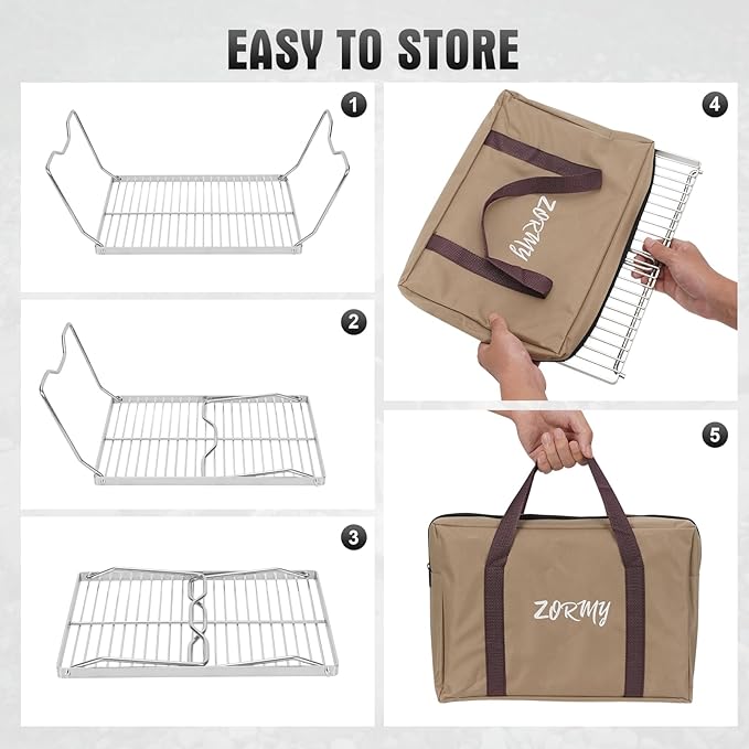 ZORMY 13 Folding Campfire Grill 304 Stainless Steel Firepit Grill Grate Heavy Duty Portable Camping Grill with Carrying Bag Gas BBQ Grill Grate for Backpacking Hiking Picnics (Medium)