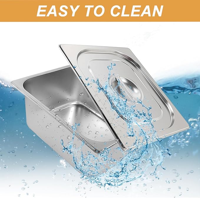 2 Pack 1/2 Size Stainless Steel Steam Table Pans with Lid Anti Clogging Anti Rust for Hotel Buffet