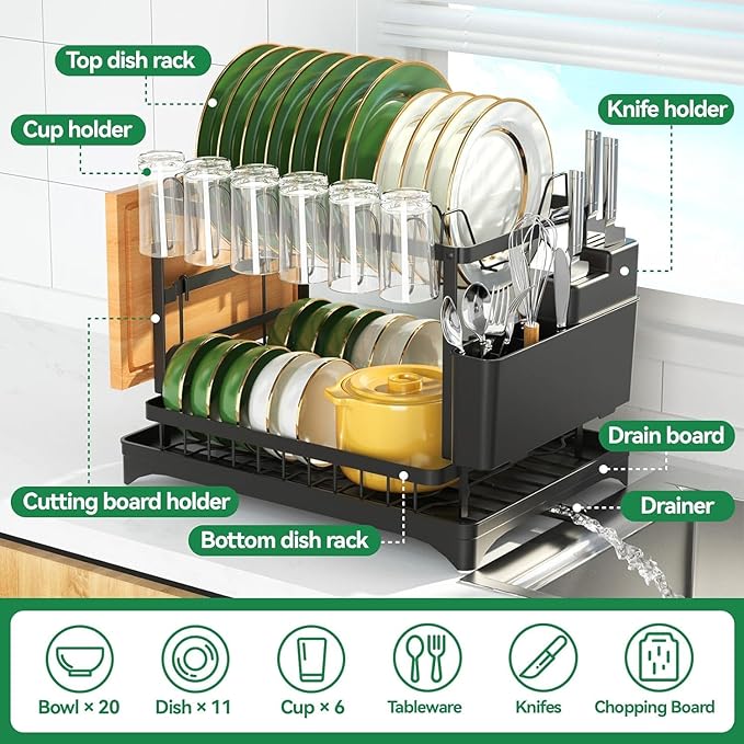 BCWW 2-Tier Dish Racks for Kitchen Counter Multifunctional Dish Drying Rack Large Capacity Metal Kitchen Dishes Drying Rack Plate Organizer for Bowls/Cups/Bottles (Black)