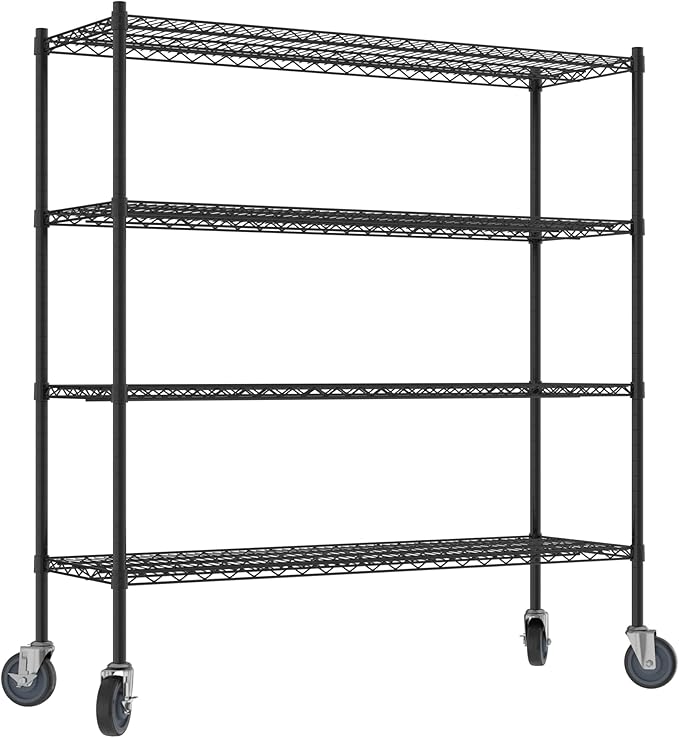 Commercial NSF Listed Black Epoxy Mobile Wire Shelving Kit 18 x 54 x 60 with 4 Shelves Perfect for Warehouse Walk-in Refrigerator Freezer Grocery Store Restaurant Dishroom