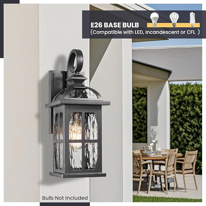 Porch Lights Outdoor Aluminum Outdoor Wall Lights with Water Ripple Glass Waterproof Black Finish Exterior Lighting Fixtures for House Garage Doorway 15 Inch Height 2-Pack
