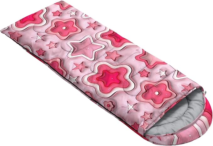 Kids Sleeping Bag for Boys Girls3D Pink Stars Print-Lightweight Warm Portable Outdoor Indoor-Waterproof Cold Weather Resistant Sleeping Bag for Camping Hiking