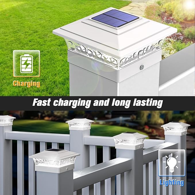 Solar Post Cap Lights Outdoor 6pack Waterproof Solar Powered Deck Fence Post Lights Fit 4x4/5x5/6x6 Wood/Vinyl Posts White Vinyl Fence Post lights with Warm/Cool White for garden Patio Porch Deck