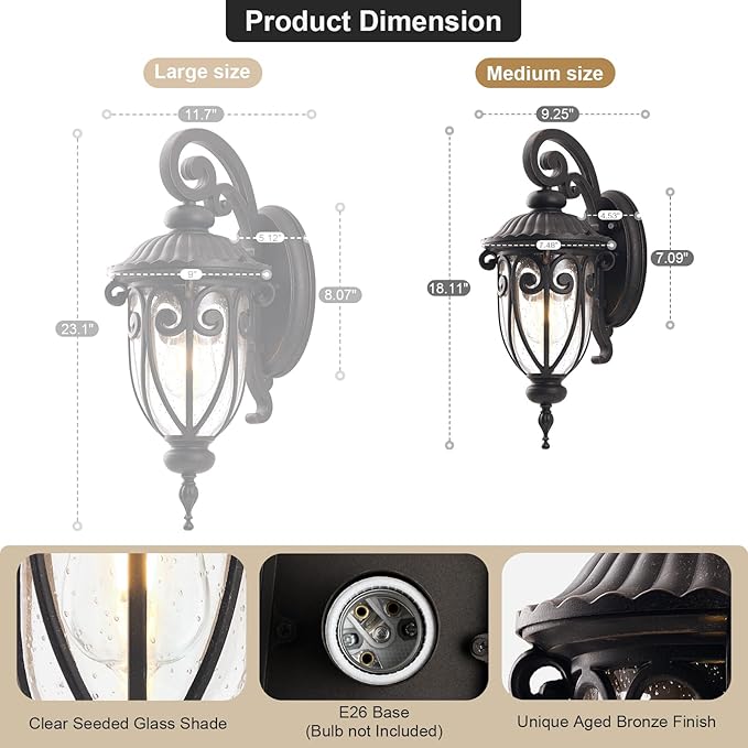 18 Inch Outdoor Porch Wall Lights Mount for Patio Bronze Exterior Wall Lantern for House Front Door 2 Pack Outside Sconce Lighting with Clear Seeded Glass for Garage Entryways