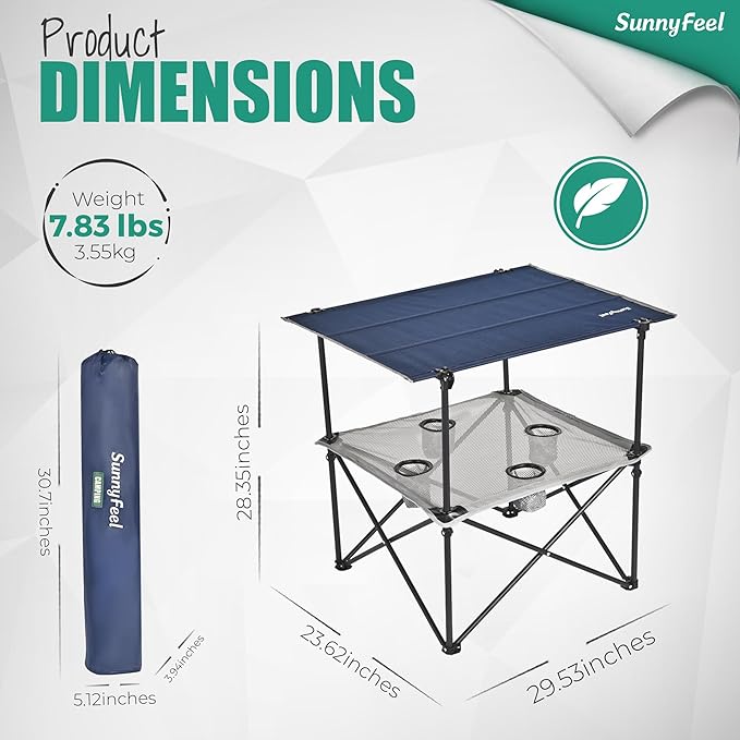 SUNNYFEEL Folding Camping Table- Collapsible Portable Beach Table with 4 Cup Holders &amp Carry Bags Tailgate Table for Outdoor Excursion Picnic Hiking Fishing Travel Parties Blue