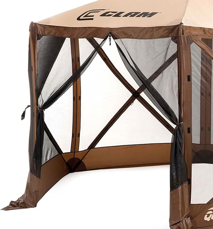 CLAM Pop Up Screen Tent Outdoor Camping Gazebo Canopy Escape 11.5' Brown - Heavy-Duty Portable Screened Shelter with Netting for Beach Patio and Backyard