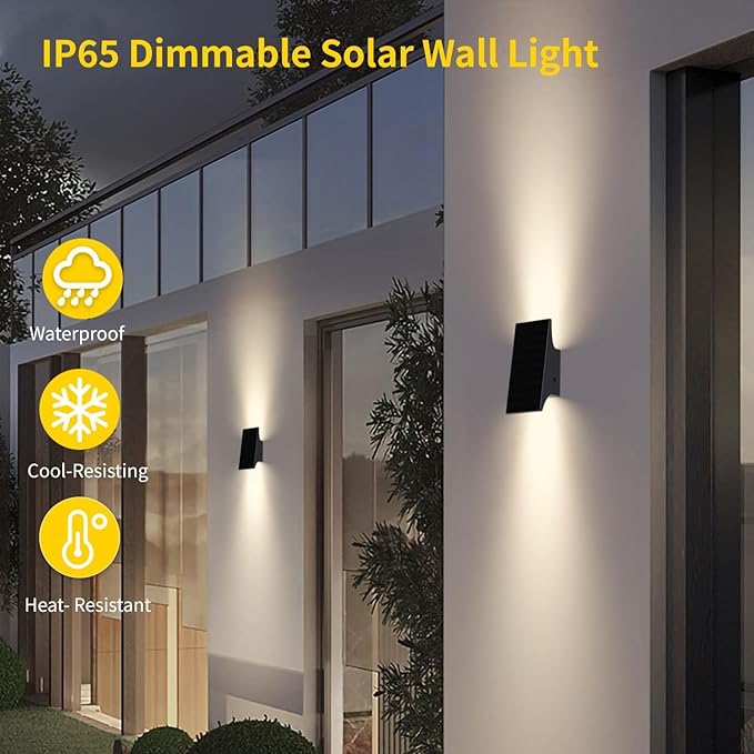 Solar Sconce Lights Outdoor Dimmable Solar Wall Lights Up and Down 3000K 700LM Solars Lights Outdoor IP65 Waterproof for Yard Patio Garage Porch 2pcs