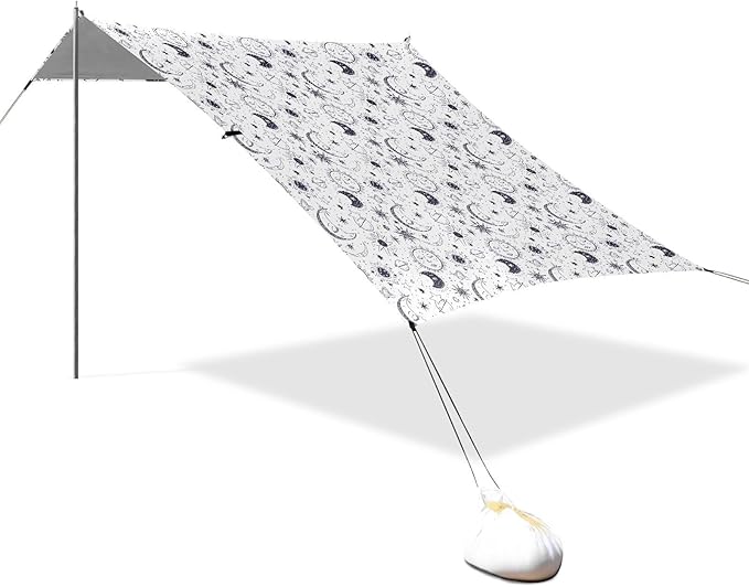 ALAZA Sun Moon Star Doodle Beach Tent Sun Shelter UPF50+ Protection Beach Shade Canopy w/ 4 Sandbags for Outdoor Camping Fishing Backyard Fun Picnic 10x9 ft