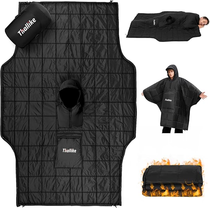 Camping Blanket with Zipper Pocket 85'' x 61'' Large Wearable Hooded Blanket Ultralight Warm Sleeping Bag Windproof Camping Poncho for Outdoor Stadium Sports Gaming Hiking Picnic Concerts