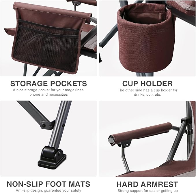 EVER ADVANCED Oversized Folding Camping Chair for Adults Heavy Duty Lawn Chair with Side Pockets Portable Collapsible Quad Chair for Outside Support Up to 500lbs Red