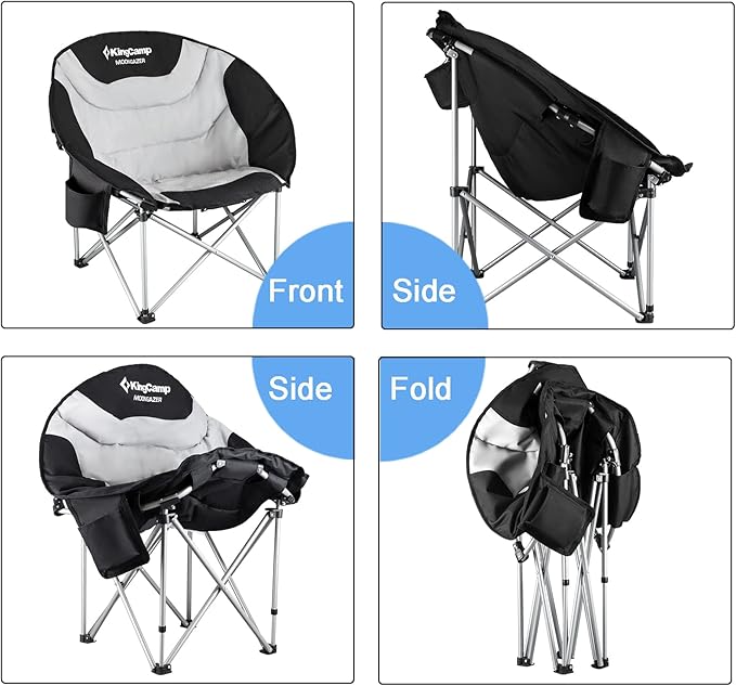 KingCamp Camping Chair Oversized Padded Moon Round Saucer Chairs Camping Folding Chair with Cup Holder (Black - 2 Pack)…