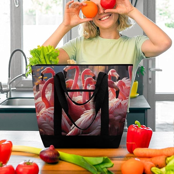 Insulated Shopping BagLarge Reusable Cooler Bags Flamingos Partying Printed Foldable Shopping BagTravel Waterproof Shoulder Bag