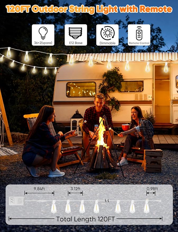 Brightever 120FT LED Outdoor String Lights with Remote Patio Lights Outdoor Waterproof with 38 Shatterproof Edison Bulbs Dimmable Outside Hanging Light for Birthday Party Christmas Decor White