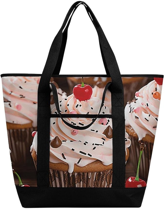 Insulated Shopping BagLarge Reusable Cooler Bags Cupcake And Muffin Printed Foldable Shopping BagTravel Waterproof Shoulder Bag