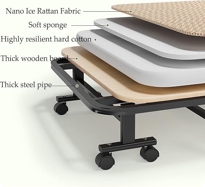 Folding Bed Single Camping Bed Space Saving Rattan Woven Mattress Fabric 360° Noise Reduction Universal Wheels 60/70/80/90x190CM Load Capacity 240KG(80cm)