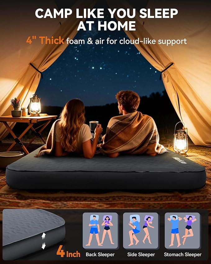 Hikenture 4 Thick Self Inflating Sleeping Pad Foam &amp Air Camping Mattress 9.5 R-Value Insulated Sleeping Mat Portable All Season Camping Pad for Tent Car Cot Truck