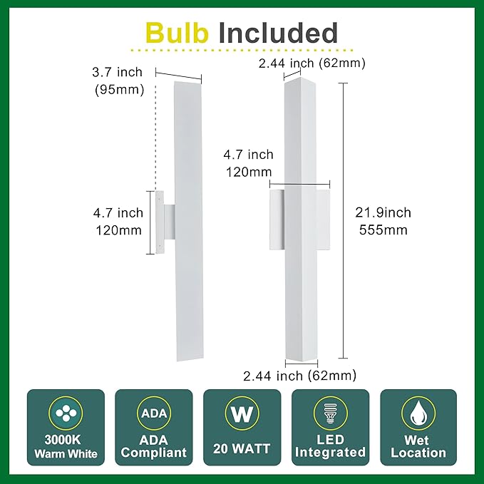 21.9IN LED Outdoor Aluminum Wall Lights20W Dimmable IP65 Waterproof Modern Textured White Indoor &amp Exterior Lighting Fixtures Long Exterior Wall Lights for Garage Front Door