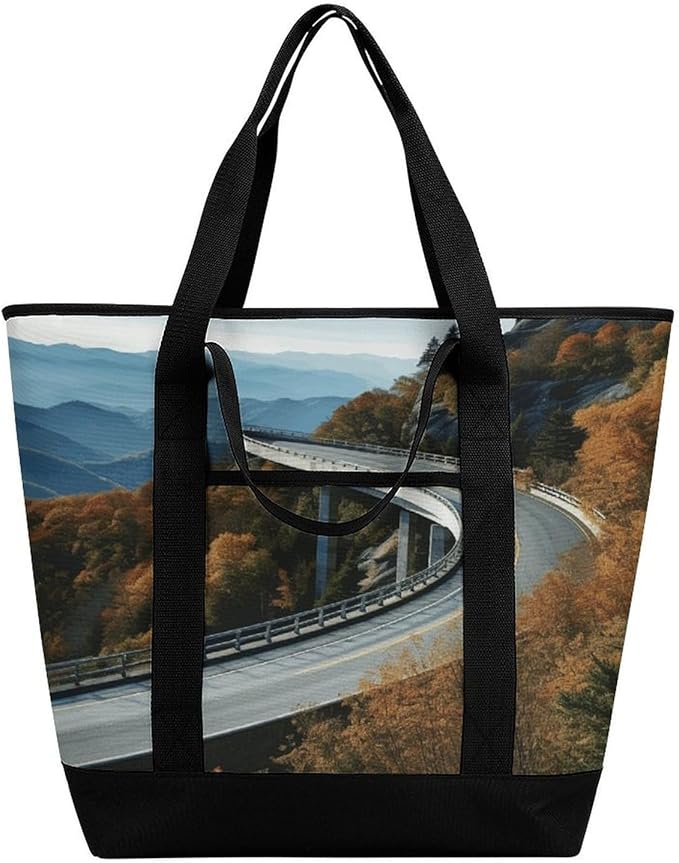 Insulated Shopping BagLarge Reusable Cooler Bags Blue Ridge Parkway Road Bridge Printed Foldable Shopping BagTravel Waterproof Shoulder Bag