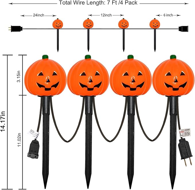 SUNSGNE Halloween Pathway Lights Outdoor Set of 4 Halloween Pumpkin Stake Lights Connectable Jack-O-Lantern Walkway Light for Holiday Garden Party Driveway Lawn Lighting Decor