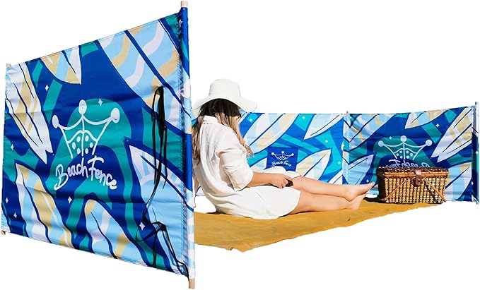 Premium 20 ft Beach Windscreen Privacy Screen Wind Blocker Free Rubber Mallet and Carry Bag Included (Surfs Up)