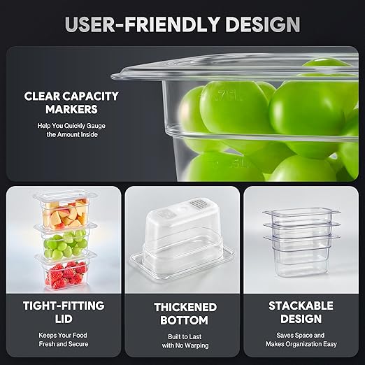 WILPREP 6 Pack Plastic Food Pans with Lids NSF Listed 1/9 Size 4 in Deep Clear Food Storage Containers 1.1 qt Stackable Polycarbonate Commercial Hotel for Fruits Vegetables Beans Corns