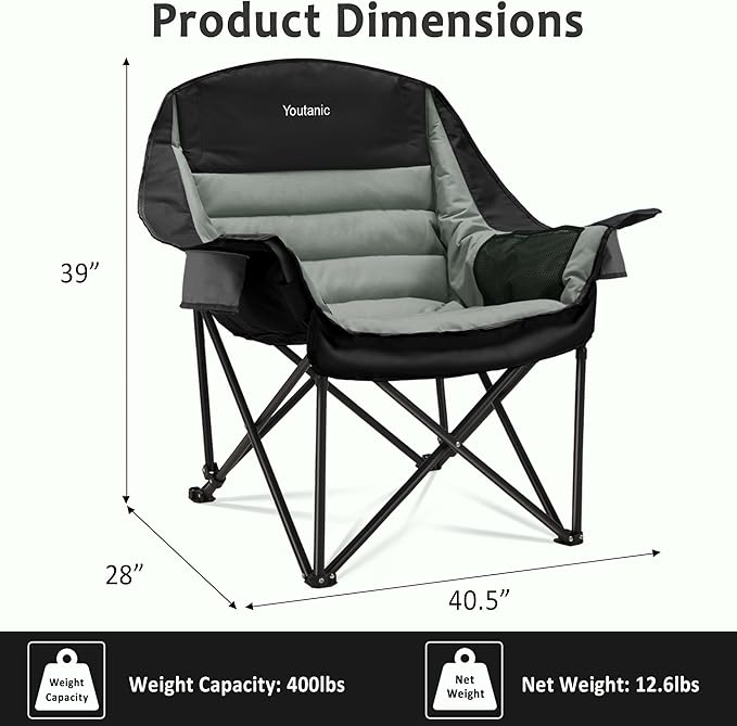 Oversized Camping Chair Portable Folding Camping Chairs with Side Pocket Cup Holder and Carry Bag Heavy Duty Outdoor Camping Chairs for Adults Fishing Sports Trip up to 400lbs Style 4