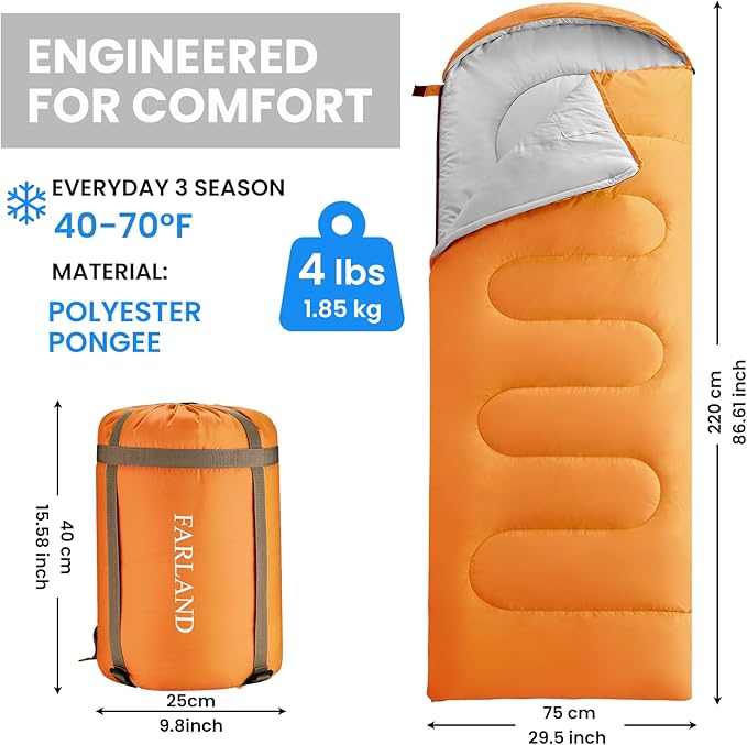 FARLAND Sleeping Bags 30℉ for Adults Teens Kids with Compression Sack Portable and Lightweight for 3-4 Season Camping HikingWaterproof Backpacking and Outdoors