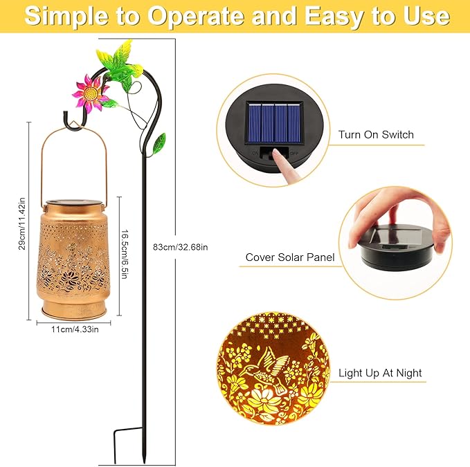 Solar Lanterns Outdoor Hummingbird Garden Decor Gifts for Women Mom Grandma Birthday Metal Hanging Solar Lights Waterproof with Shepherd Hook LED Decoration Outside for Garden Yard Patio Porch