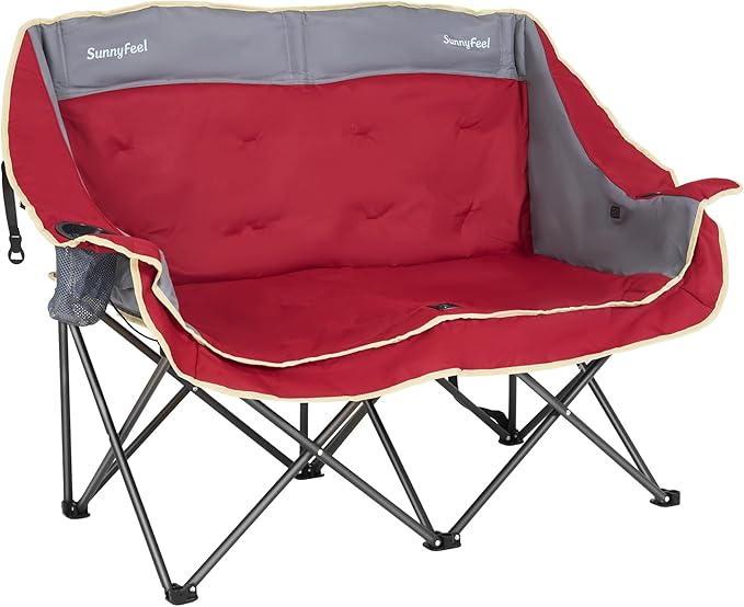 SUNNYFEEL Heated Double Camping Chairs Padded Loveseat Chair for 2 Person Heavy Duty Oversized Camping Couch 600lbs for Adults Portable Outdoor Lawn Chair with Cup Holder for Outdoor Patio RV Camping