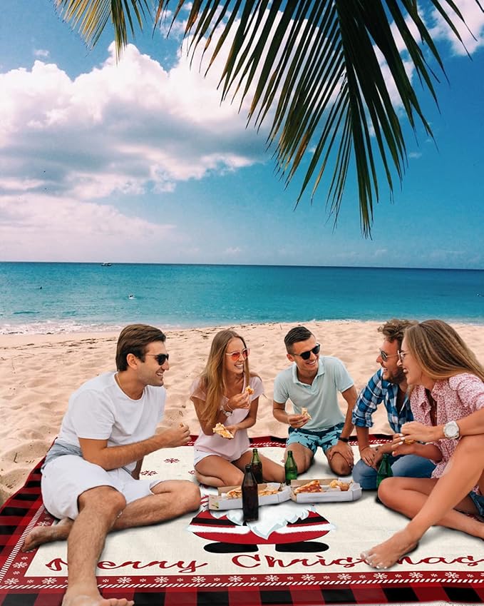 Beach Blanket Waterproof Sandproof OversizedMerry Christmas Cute Santa Winter Snowflake Beach Mat with Corner Stakes Sand PocketsRed Buffalo Plaid Black Check Outdoor Picnic Mat for Travel 95x80In