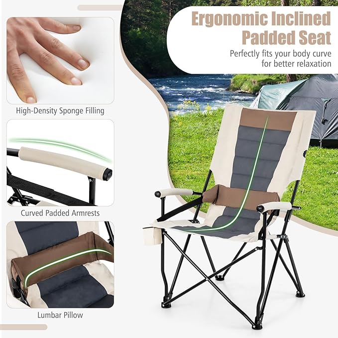 HAPPYGRILL Folding Camping Chair Set of 2 Portable Lawn Chair with Cup Holder &amp Carrying Bag 330 LBS Folding Chair for Outside Fishing Travel Swimming Picnic