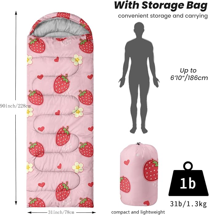 Sleeping Bags for Adults Youth Kids3D Printing Camping Sleeping Bag for Girls Boys Lightweight Waterproof Cold/Warm Weather Sleeping Bag for 3 Seasons