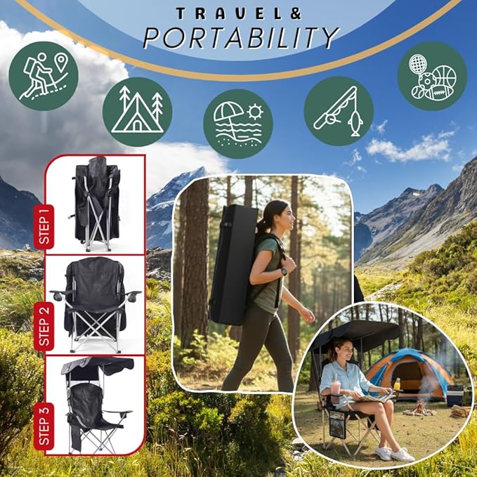 Portable Folding Camping Chairs with Canopy Shade Beach Chair for Adults Durable Weather Resistant 600D Oxford Cloth Camping Chair with Canopy for Outdoors [Black]