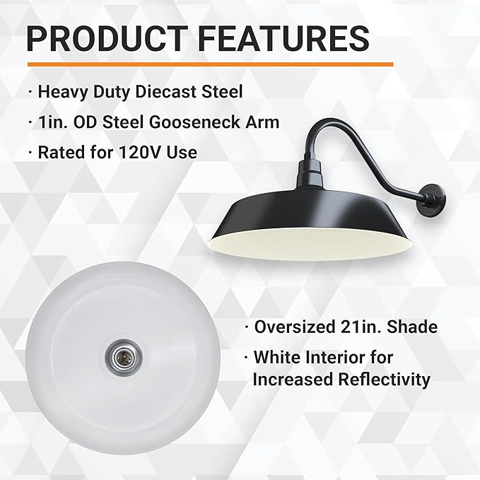 21in. Satin Black Oversized Outdoor Gooseneck Barn Light Fixture With 22in. Long Arm - Wall Sconce Farmhouse Vintage Antique Style - UL Listed - 9W 900lm A19 LED Bulb (5000K Cool White)