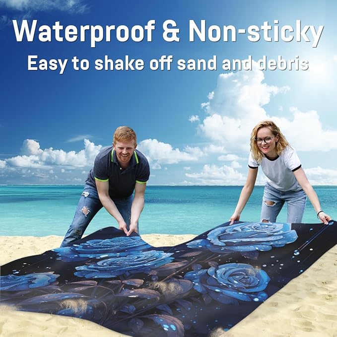 Waterproof Sandproof Beach Blanket 59''×68'' Rose Flower Polyester Outdoor Picnic Blanket with 4 Stakes &amp Storage Bag for BeachCampingVacation Blue