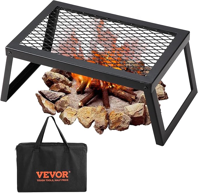 VEVOR Folding Campfire Grill 18 Portable Camping Grates Over Fire Pit Heavy Duty Steel Mesh Grate Camp Fire Cooking Equipment with Legs Carrying Bag Grilling Rack for Outdoor Open Flame Cooking