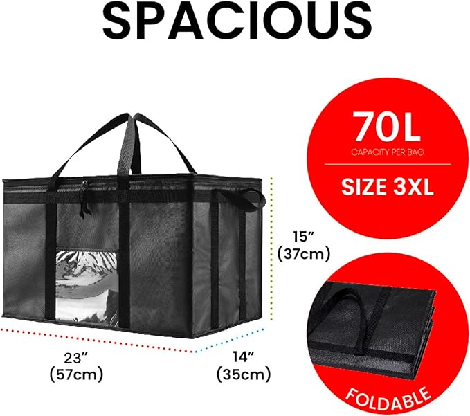 NZ home Insulated Bags for Food Delivery (3XL) Grocery Shopping Cooler Bag Pizza Delivery Hot &amp Cold Catering Tote Reusable Foldable &amp Heavy Duty (10 Pack Black)