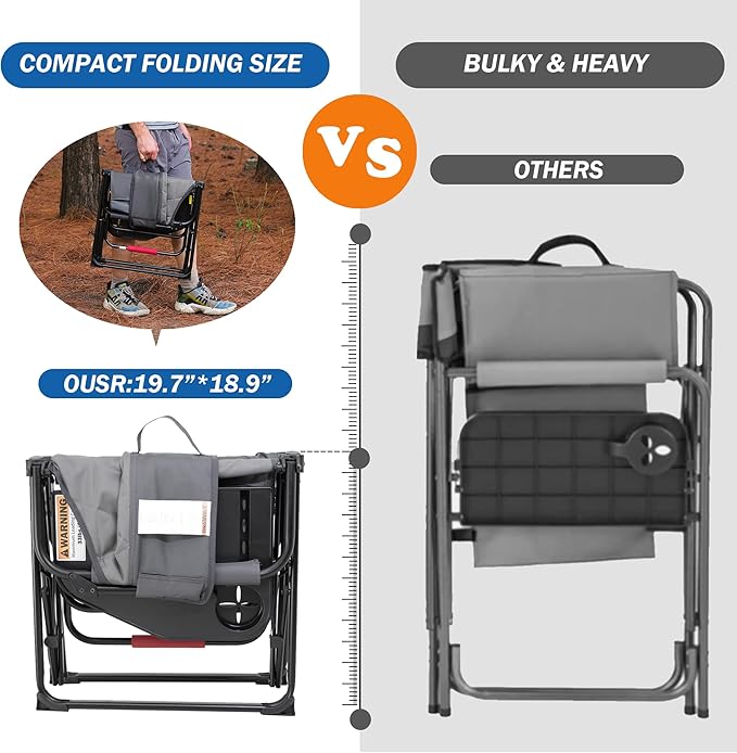 Oversized Directors Chairs Heavy Duty Folding Outdoor Chairs with Detachable Side Pocket and Adjustable Side Table for OutsideLawnFishing Folding Camping Chair up to 350Lbs Capacity (Grey)