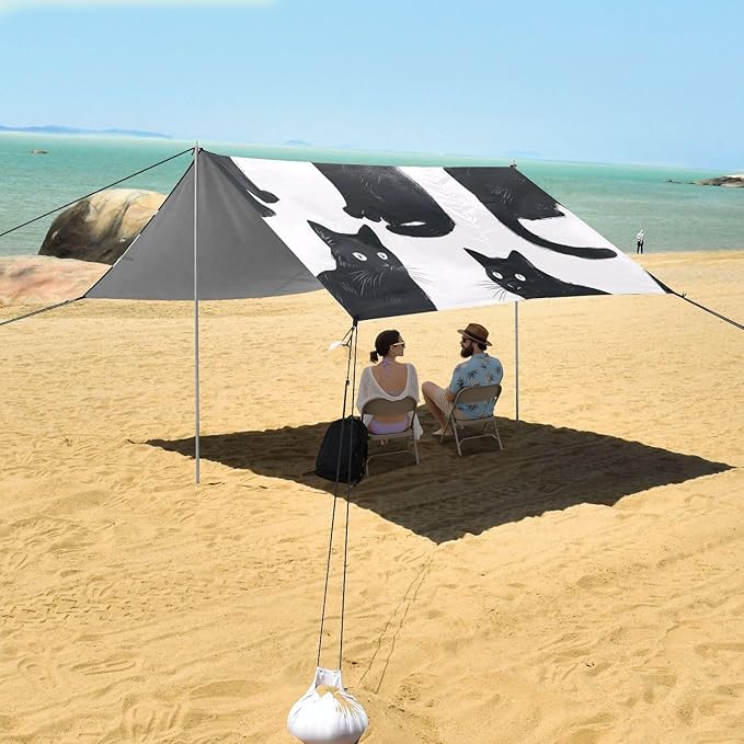 Black Cats Beach Tent Sun Shelter 9.2' x 10.5' Beach Canopy with 4 Sandbags 4 Stability Poles Sand Shovels - Tent Canopy for Beach Camping Fishing Picnics