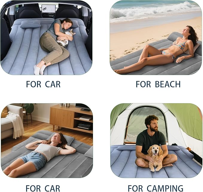 Car Air Mattress - Inflatable Camping Bed Compatible with Tesla Model Y Thickened Flocked AirBed for Trunk/Backseat/Sedan/SUV/RV Sleeping Pad with Pump and 2 Pillows for Camping Travel Outdoor Grey
