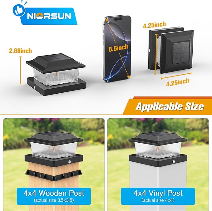 NIORSUN Solar Flame Post Cap Lights Outdoor Waterproof 4x4 Post Solar Lights with Flickering Flame LED Fence Posts Solars Light for Deck Patio Garden 4x4 Posts Caps Wood Vinyl 6 Pack (Black)