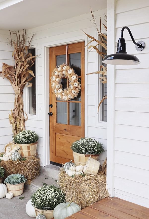 Steel Lighting Co. Topanga Barn Light | Outdoor Wall Mounted | 14 inch Dome | Upward Sloping Gooseneck | Farmhouse Garage Light Made in America | Modern Gray Exterior/Brass Interior