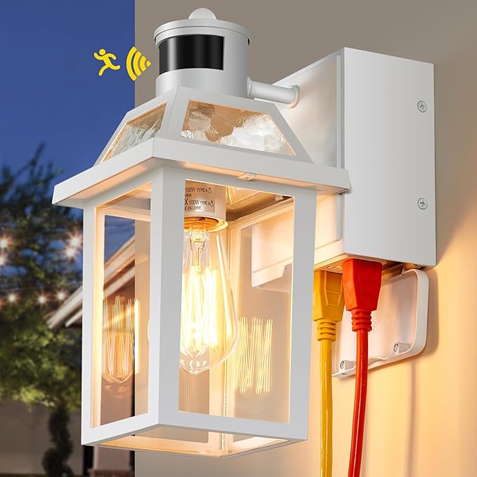Yisuro Porch Lights with GFCI Outlet Dusk to Dawn Motion Sensor Outdoor 3 Lighting Modes Exterior Light Fixture Outside for House Front Door Patio Garage(White)