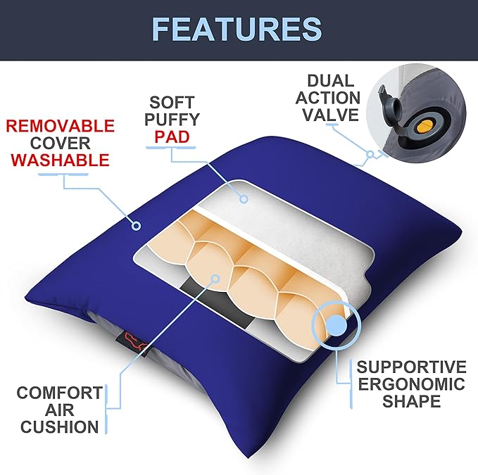 X-Foam Inflatable Camping Pillow Lite with Removable Foaming Cover | Comfortable Washable Ultralight Portable with Neck Lumbar Support | Backpacking Hiking Travel Air | Small (Ocean Blue)