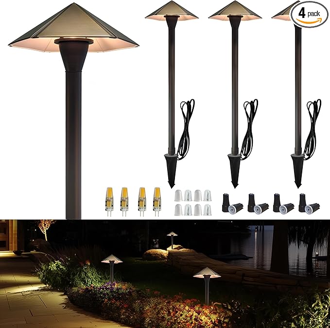 COLOER Solid Cast Brass Pathway Lights 12V Low Voltage Landscape Lighting LED Path Lights with G4 Bulb for Outdoor Walkway Garden 23 Tall 7.5 Shade (4) (4 P02 Bronze)