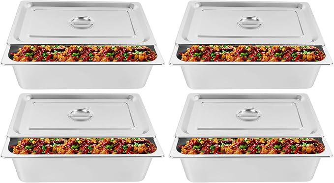 4 Pack Hotel Pan 5.9-Inch Deep Steam Table Pan with Lid 21.26 L x 12.6 W Hotel Pans Stainless Steel Pans Restaurant and Commercial Steam Tables
