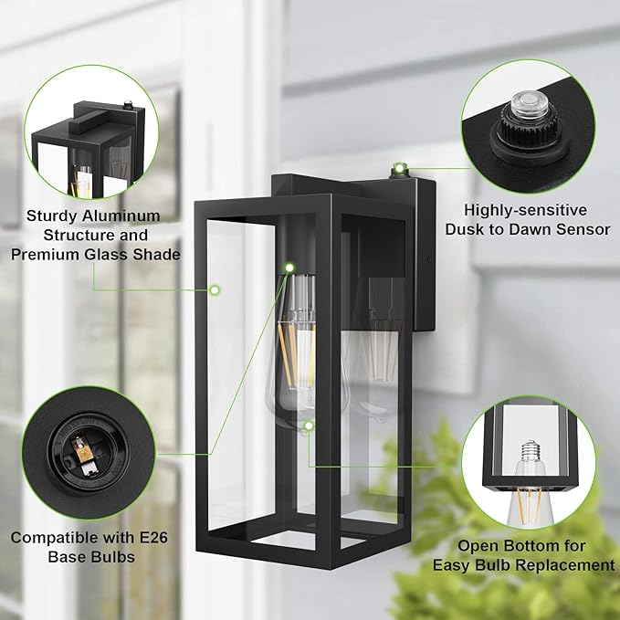Aipsun Outdoor Wall Lantern 2 Packs with Dusk to Dawn Sensor Matte Black Sensor Exterior Light FixturesExterior Wall Sconce with Clear Glass Shade(2700K E26 Bulbs Include)