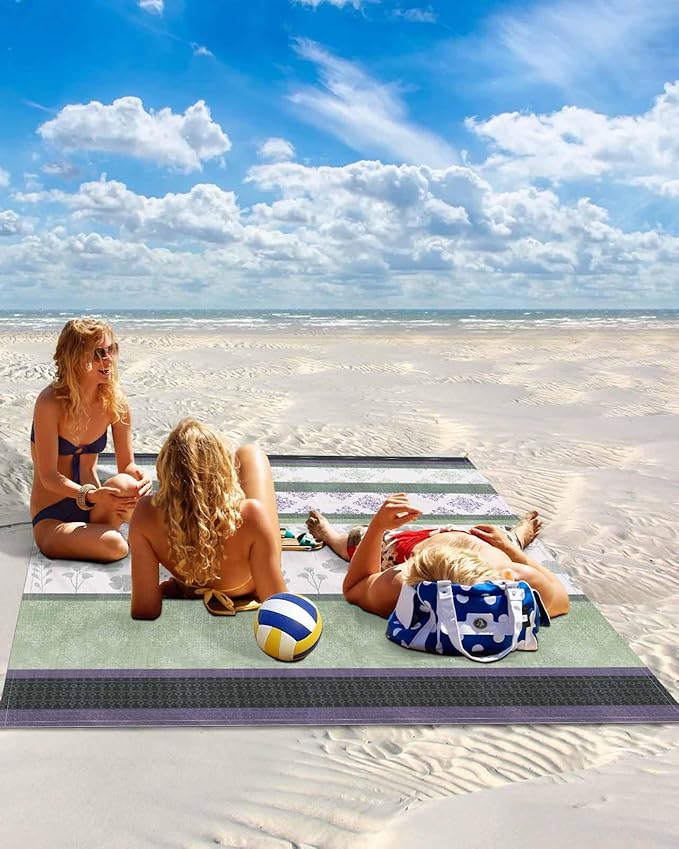 Beach Blanket Waterproof Sandproof OversizedCountry Wildflower Abstract Stripe Beach Mat with Corner Stakes Sand PocketsRetro Ethnic Geometric Outdoor Picnic Mat for Travel Camping Hiking108x84In